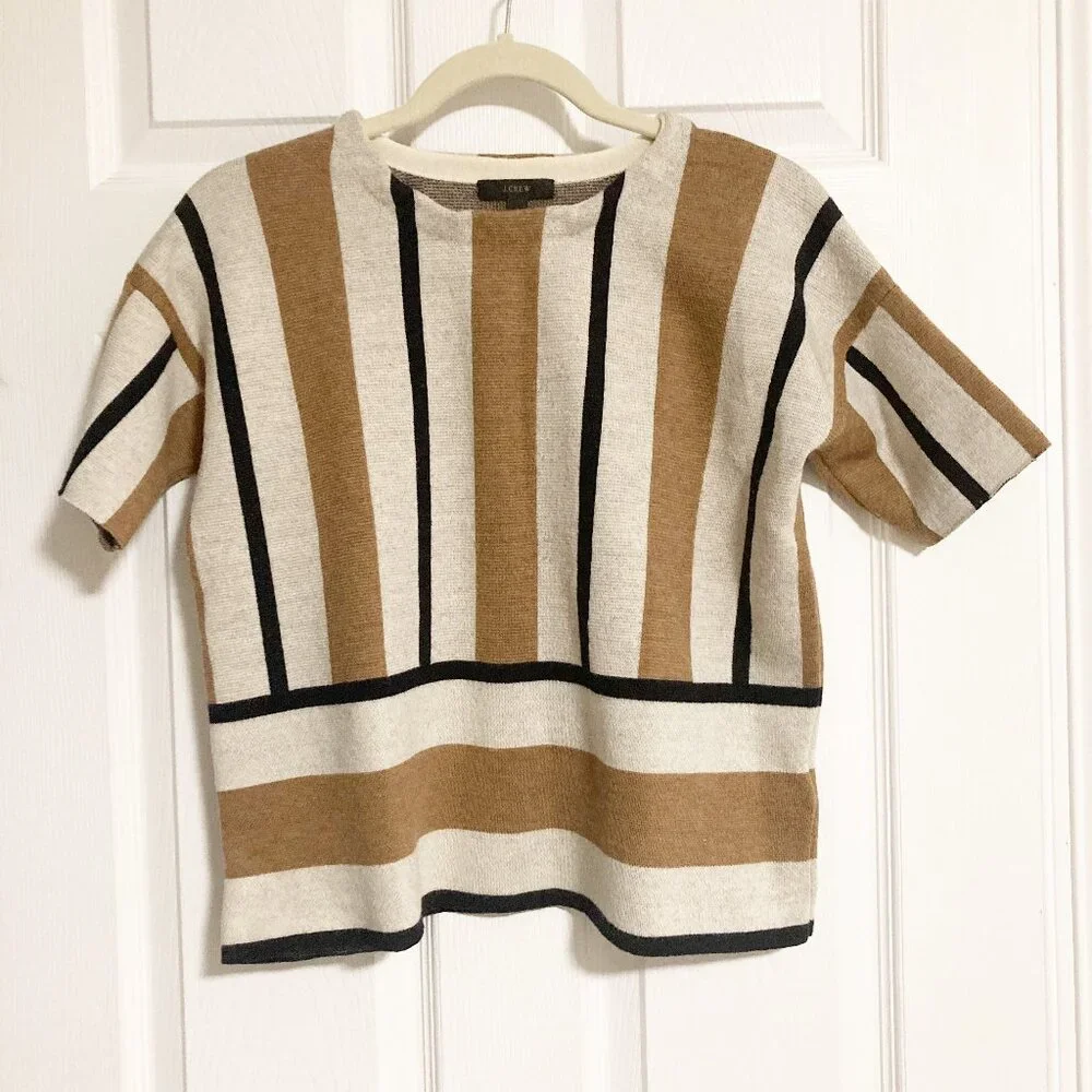 J.Crew 100% Merino Wool Striped Short Sleeve Sweater Tan Black Size XS